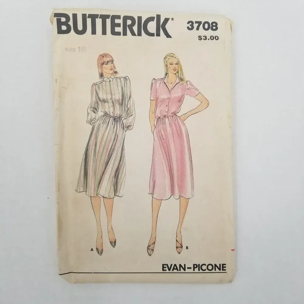 Vintage Pattern Sewing Crafts Hobby Butterick 3708 Size 16 Shirt Dress Knee